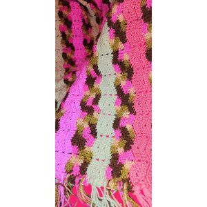 Handmade Crochet Afghan Baby Blanket Fringe 45x38  Multicolor Pink Brown NEW